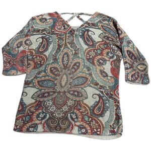 Chicos Paisley Knit Top Lightweight Sweater Shirt Womens Size Large Cut Out Back